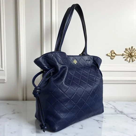 Tory Burch Georgia Quilted Leather Tote Navy Blue Slouchy Golden Hardware - Picture 16 of 17